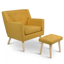 LIV Scandinavische fauteuil met voetsteun van gele stof