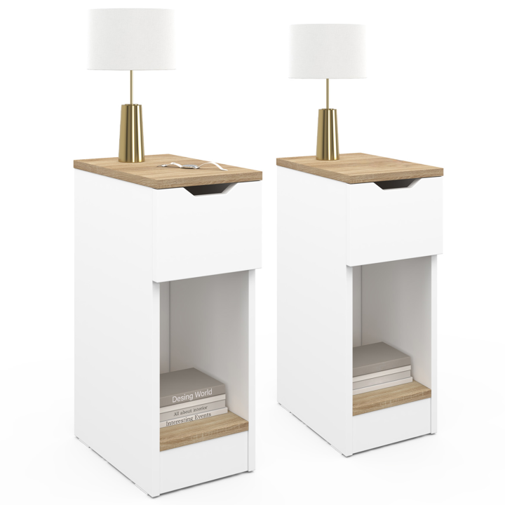 Lot de 2 tables de chevet ANOUK 1 tiroir et une niche blanc et bois