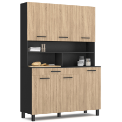 Buffet de cuisine 120 CM CINA meuble 6 portes façon hêtre et structure noire + tiroir