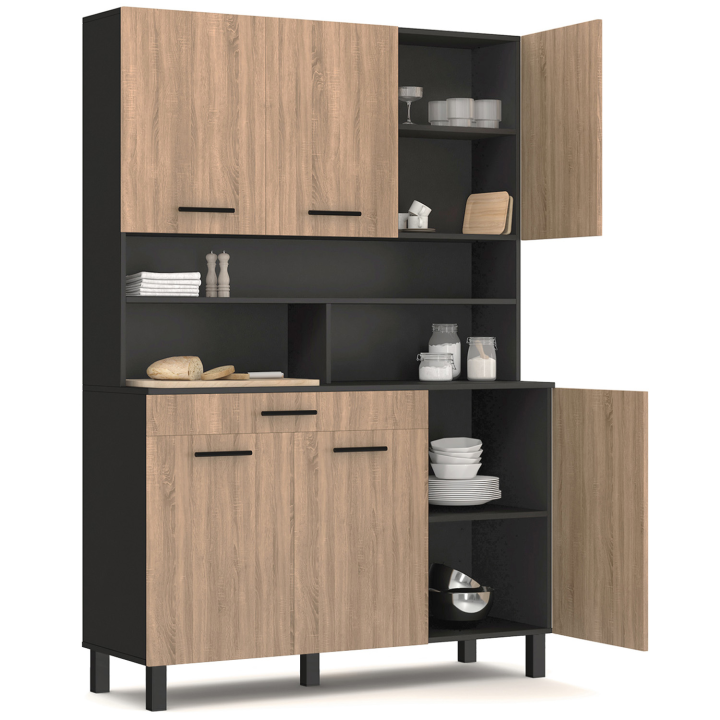 Buffet de cuisine 120 CM CINA meuble 6 portes façon hêtre et structure noire + tiroir