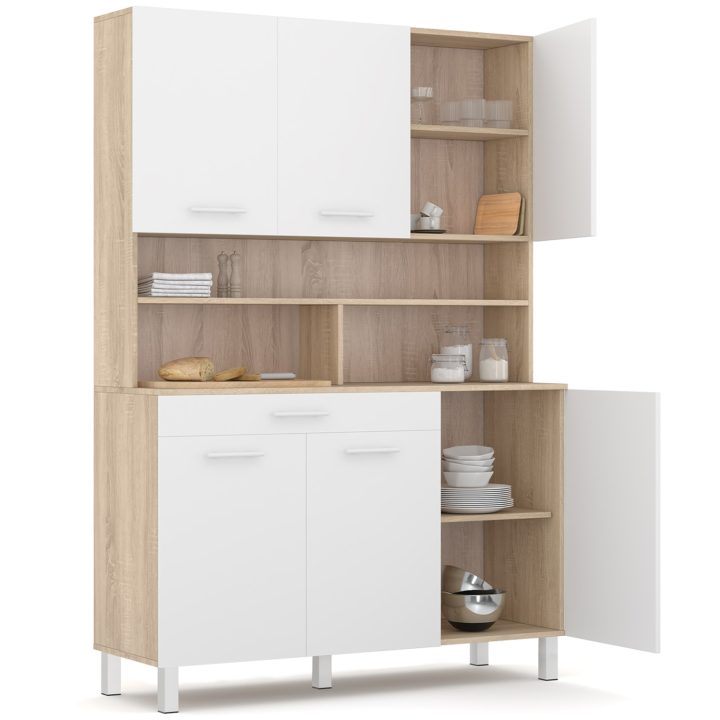 Buffet de cuisine 120 CM CINA meuble 6 portes façon hêtre et structure blanche + tiroir