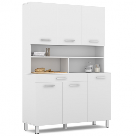 Buffet de cuisine 120 CM CINA 6 portes + tiroir blanc et blanc brillant