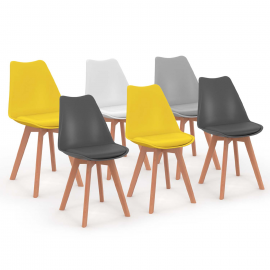 Set van 6 SARA Scandinavische stoelen mix kleur lichtgrijs, wit, donkergrijs x2, geel x2