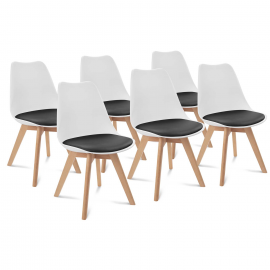 Set van 6 SARA Scandinavische tweekleurige witte stoelen met zwarte kussens