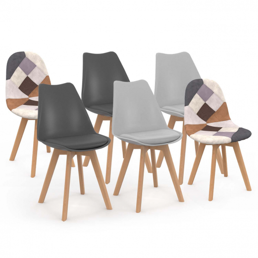 Set van 6 Scandinavische stoelen SARA, donkergrijs x2, lichtgrijs x2 en bruin patchwork x2