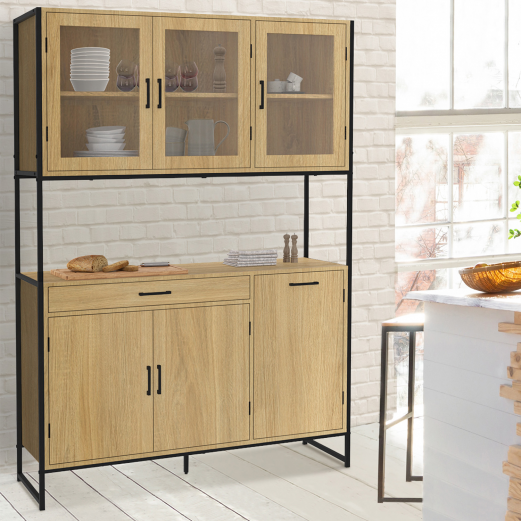 Buffet de cuisine vitré 120 CM DETROIT meuble vaisselier 6 portes design industriel + tiroir