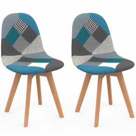 Set van 2 SARA Scandinavische stoelen met blauw patchworkpatroon