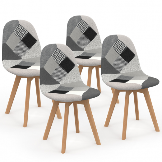 Set van 4 SARA Scandinavische patchworkstoelen in zwart, grijs en wit