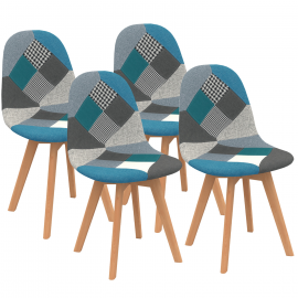 Set van 4 SARA Scandinavische stoelen, blauw patchworkpatroon