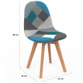 Set van 4 SARA Scandinavische stoelen, blauw patchworkpatroon