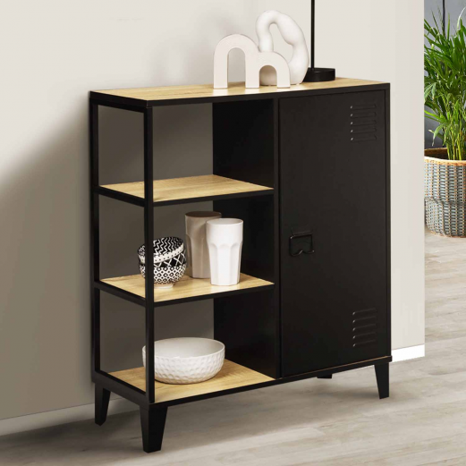 Buffet d'appoint 3 étagères et placard métal noir et plateau bois 70 cm ESTER design industriel