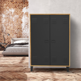 ESTER 2-deurs koffiekast in zwart metaal met houten rand in industrieel ontwerp