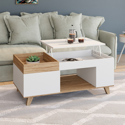 Table basse rectangulaire plateau relevable et plateau amovible avec coffre LOLA bois et blanc