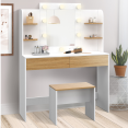 Coiffeuse ZELIA blanc et hêtre table de maquillage 4 étagères, miroir LED et tabouret