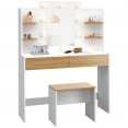 Coiffeuse ZELIA blanc et hêtre table de maquillage 4 étagères, miroir LED et tabouret