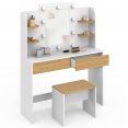 Coiffeuse ZELIA blanc et hêtre table de maquillage 4 étagères, miroir LED et tabouret