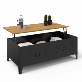 Table basse plateau relevable rectangulaire ESTER bois façon hêtre et métal noir design industriel