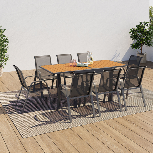 Tuinmeubelset POLY uitschuifbare tafel 90-180 CM en 8 stoelen hout en antracietgrijs