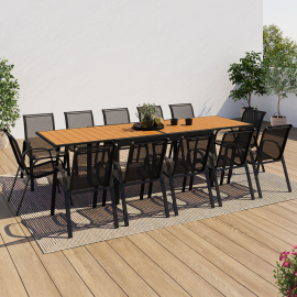 Salon de jardin POLY extensible table 135/270 cm et 12 chaises bois et noir