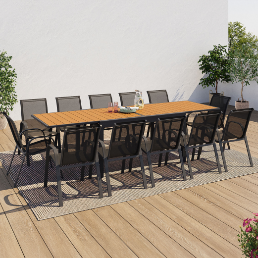 Tuinmeubelset POLY uitschuifbare tafel 135-270 CM en 12 stoelen hout en donkergrijs