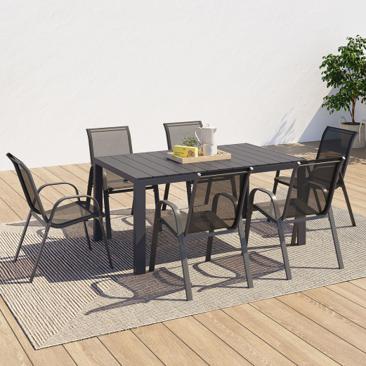 Tuinmeubelset POLY tafel 150 cm en 6 stapelstoelen antracietgrijs