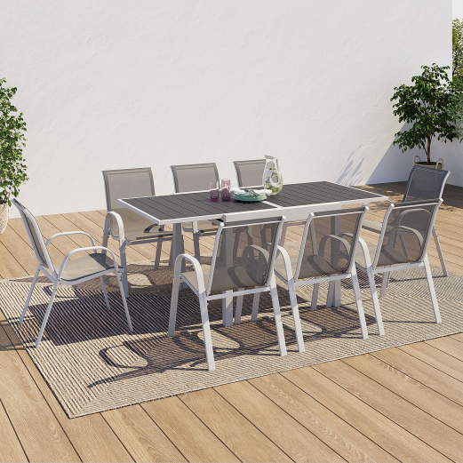 Salon de jardin POLY extensible table 90-180 CM et 8 chaises blanc et gris