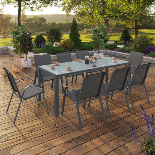 Salon de jardin MADRID table 190 CM et 8 chaises empilables gris anthracite plateau transparent