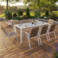 Salon de jardin MADRID table 190 cm et 8 chaises empilables blanc et beige