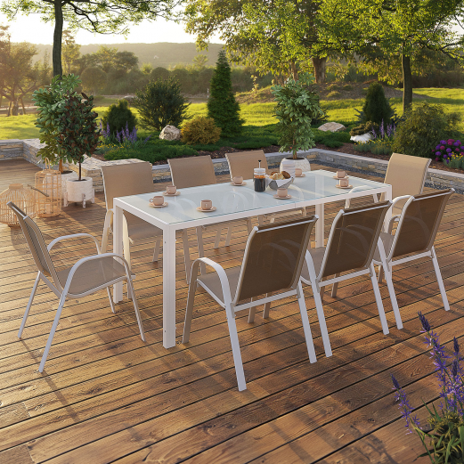 MADRID tuinset 190cm tafel en 8 stapelstoelen wit en beige