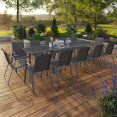 Salon de jardin MADRID table extensible plateau gris 135-270 CM et 12 chaises empilables gris anthracite