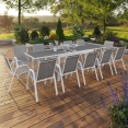 Salon de jardin MADRID table extensible 135-270 CM et 12 chaises empilables blanc et gris