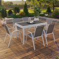 Salon de jardin MADRID table extensible 135-270 CM et 12 chaises empilables blanc et gris