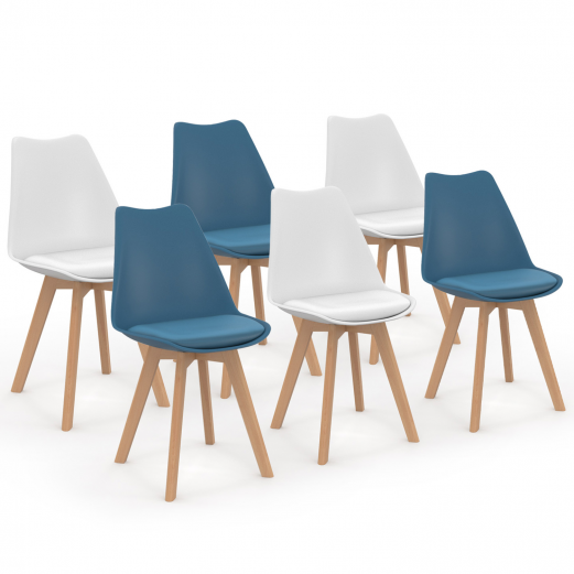 Set van 6 SARA Scandinavische stoelen, mix kleur eendenblauw x3 en wit x3