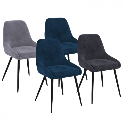 Lot de 4 chaises THALYA en velours mix color bleu x2, gris clair, gris foncé avec accoudoirs