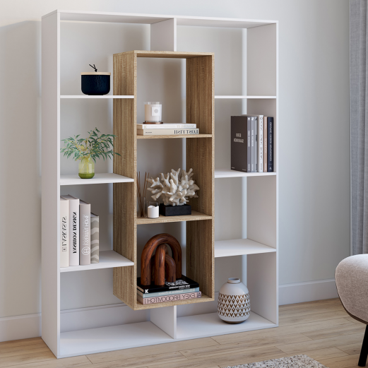 Etagère bibliothèque COLETTE avec 11 compartiments blanc et effet bois H.143 cm