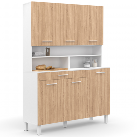 CINA 120 CM keukenkast met 6 deuren + lade, wit en beukeneffect
