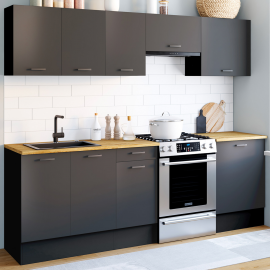 Complete keuken 240 cm SUBTIL met 7-element zwart werkblad en houten blad