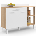 Buffet bas de cuisine 120 CM CINA plan de travail H.83 cm 2 portes + tiroir façon hêtre et blanc