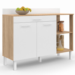 Buffet bas de cuisine 120 CM CINA plan de travail H.83 cm 2 portes + tiroir façon hêtre et blanc