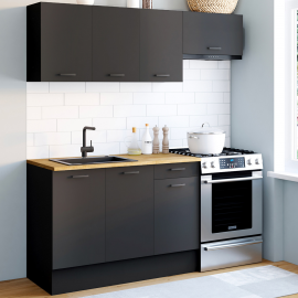 Complete 180 cm SUBTIL keuken met zwart werkblad met 5 kasten en houten blad