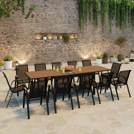 Salon de jardin NOUMEA table extensible 135/270 cm plateau effet bois et 12 chaises empilables noir et bois