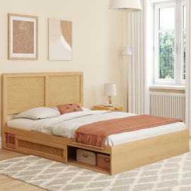 Tweepersoonsbed EDHEN met rieten hoofdeinde, opbergruimte en 140 x 190 cm houten lattenbodem