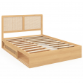 Tweepersoonsbed EDHEN met rieten hoofdeinde, opbergruimte en 140 x 190 cm houten lattenbodem