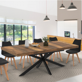 Table à manger extensible rectangle ALIX plateau HAWKINS avec rangement 6-10 personnes bois foncé et noir 160-200 cm