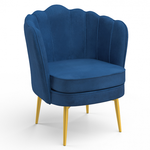 ADELLA middernachtblauwe fluwelen schelp fauteuil met gouden poten