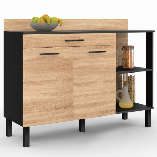 CINA 120 CM laag keukenbuffet, werkblad H.83 cm, 2 deuren + lade, afwerking zwart en beuken