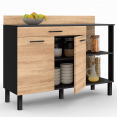 Buffet bas de cuisine 120 CM CINA plan de travail H.83 cm 2 portes + tiroir noir et façon hêtre