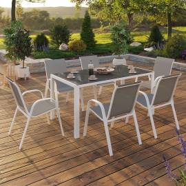 MADRID tuinset 150cm tafel en 6 stapelstoelen wit structuur grijs blad