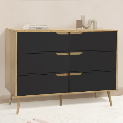 Commode 6 tiroirs HELSINKI 115 cm scandinave effet hêtre et noir