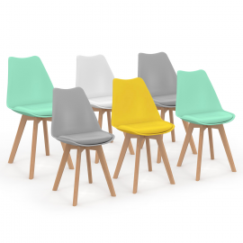 Set van 6 SARA Scandinavische stoelen mix pastelkleuren geel, wit, lichtgrijs x2, mintgroen x2